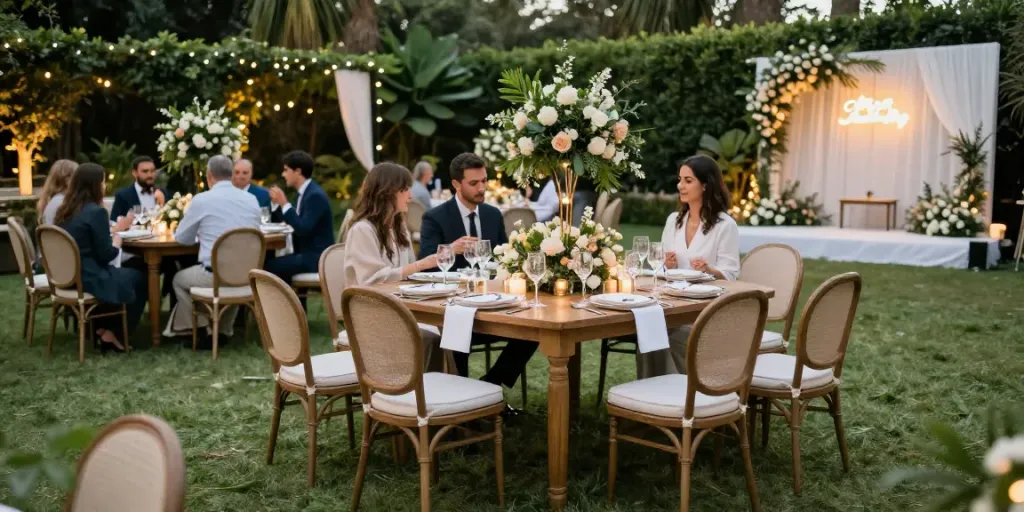 Event furniture rental showcasing an elegant outdoor dining setup with guests enjoying a premium experience