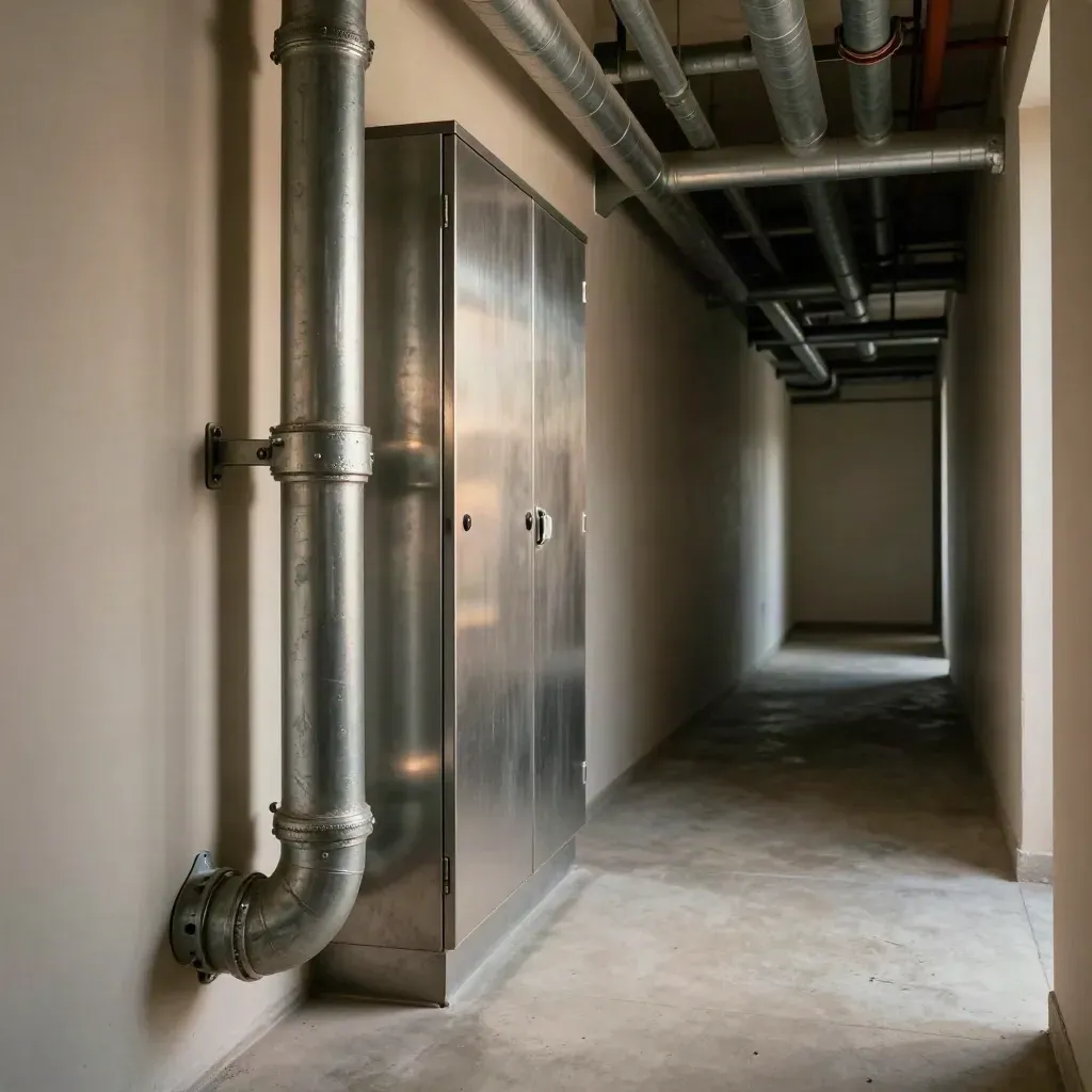 Plant-room corridor with pipes, shut cabinet, and heat shimmer in shadow