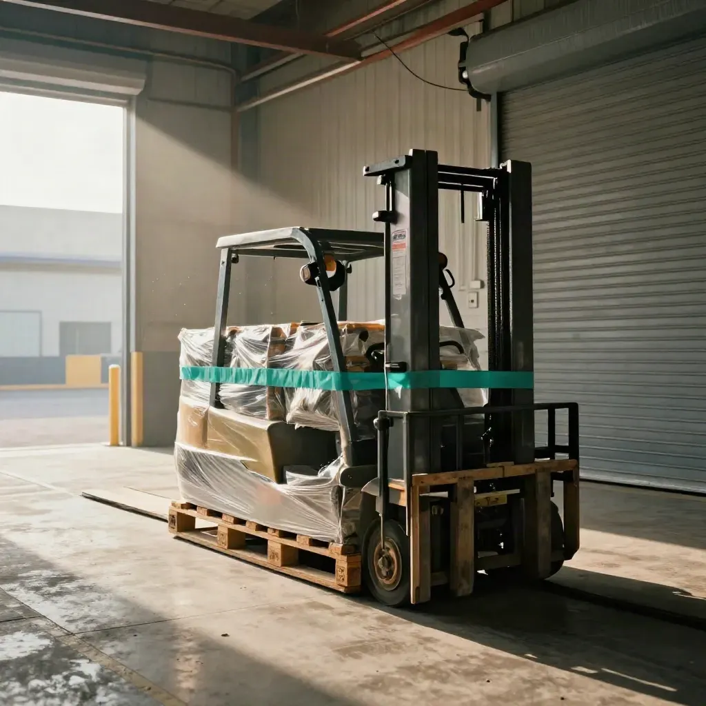 Warehouse aisle blocked by pallet stacks, cable run, floor edge and shutter in soft industrial light.