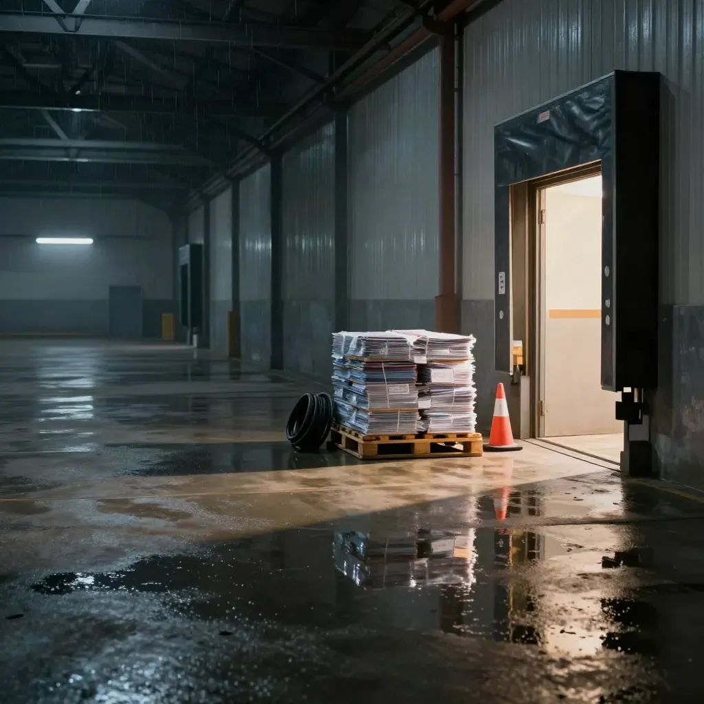 Rain-slick warehouse loading bay with inspection folders, cone, and open fire door at dawn.