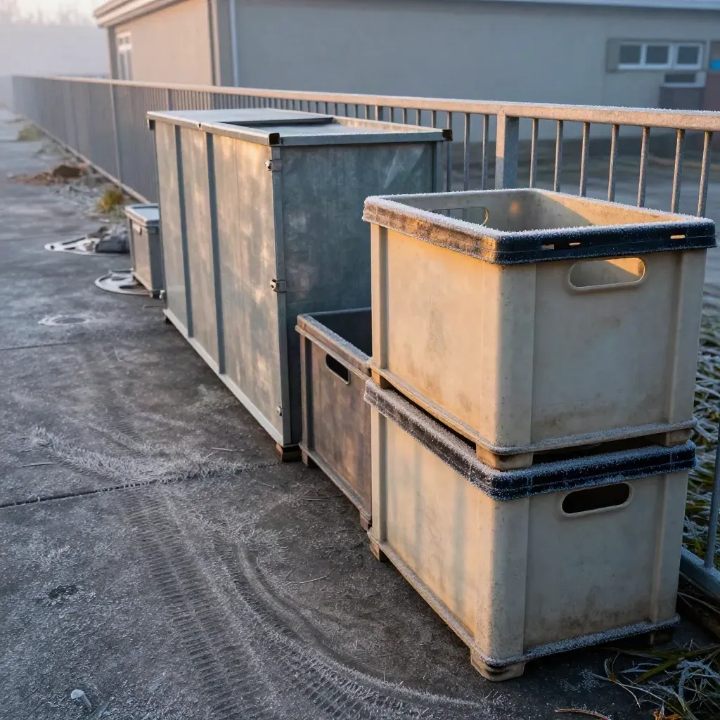 Frosty school service yard with stacked sports crates and a half-open bin enclosure at dawn