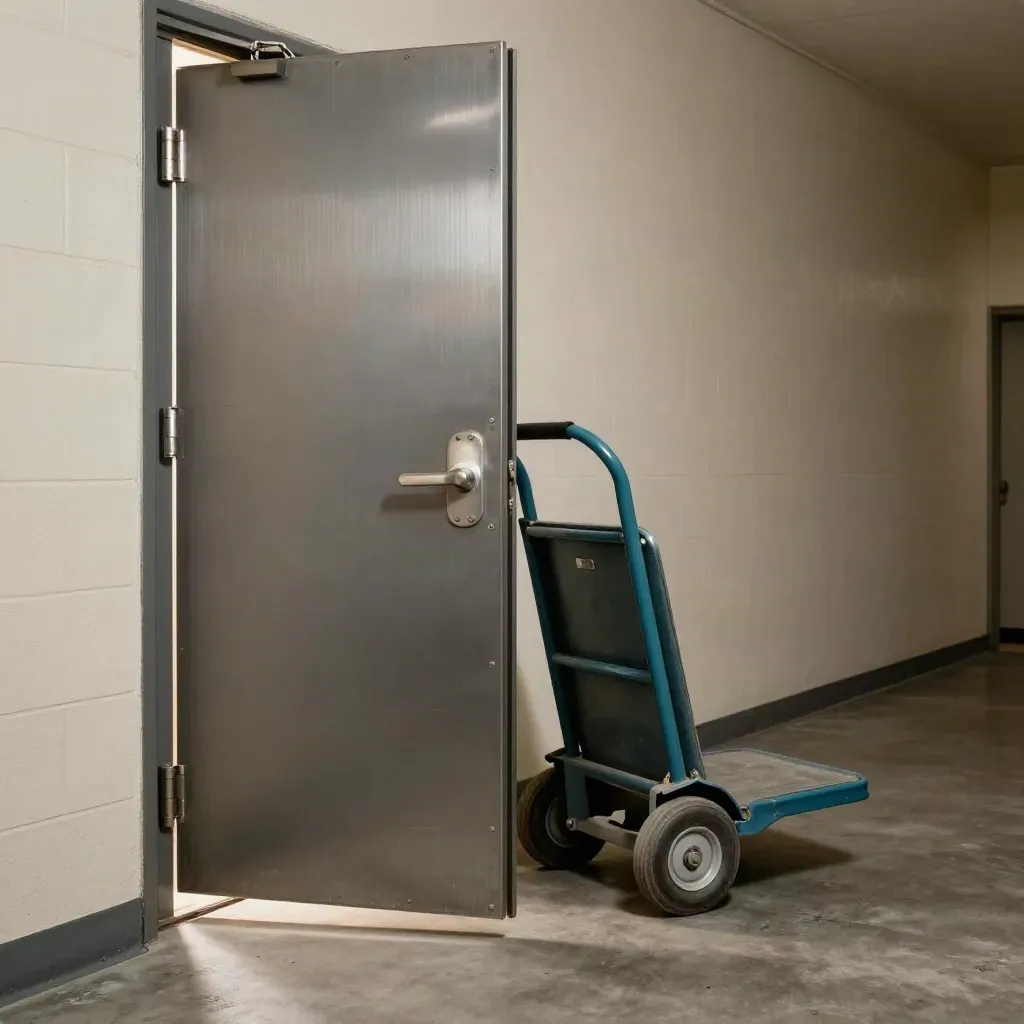 Fire door closing in a service corridor, trolley parked clear beside it.