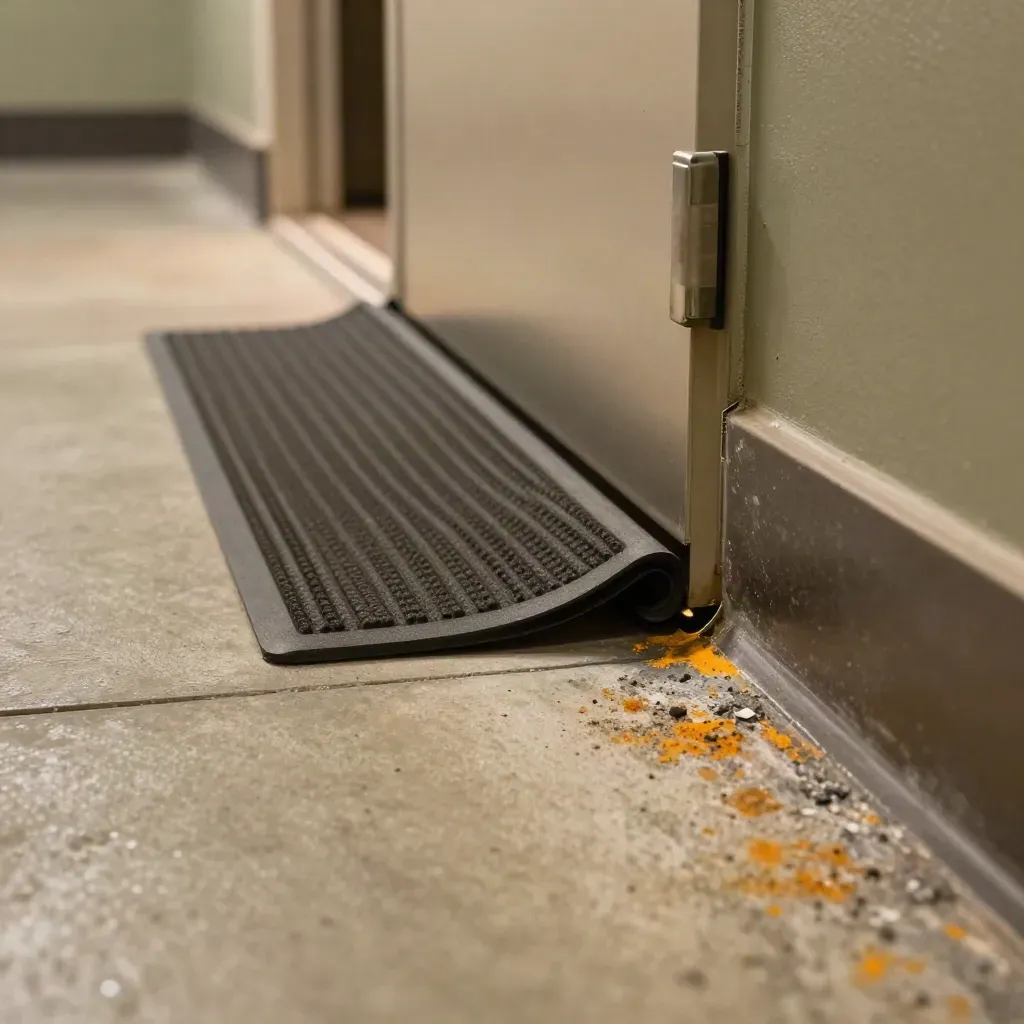 Curled entry mat, cable protector, and chipped threshold in a retail corridor