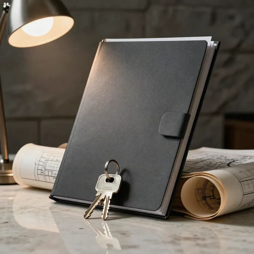 Closed report folder, keys, and rolled plans on a travertine counter under dramatic light.