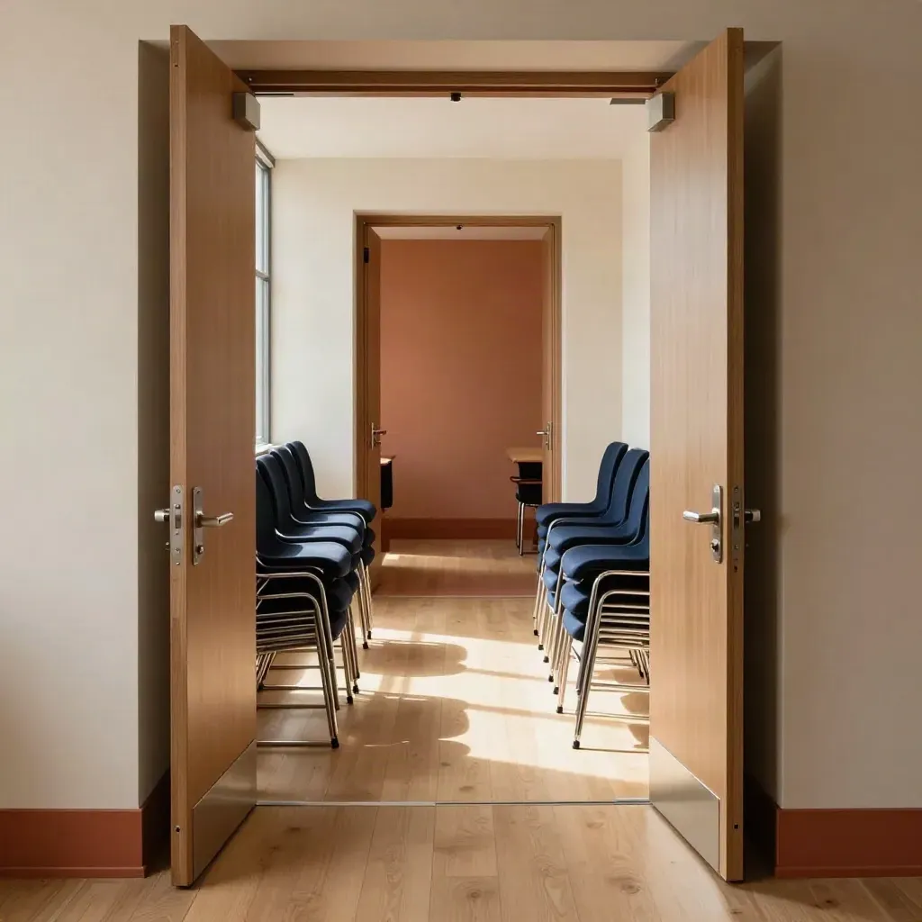 Open office corridor with navy chairs stacked aside, bright daylight, clear exit path