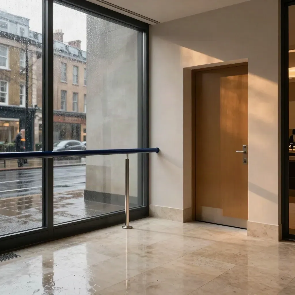 Rain-beaded London office lobby with stair rail, fire door, and travertine floor in warm afternoon light.
