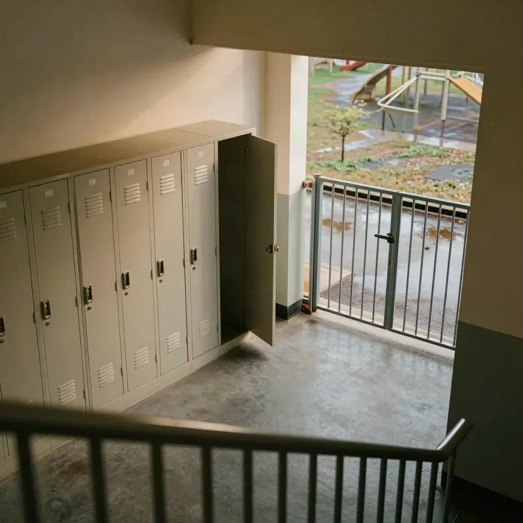High-angle school corridor survey with lockers, wet yard edge, and a half-closed service gate.