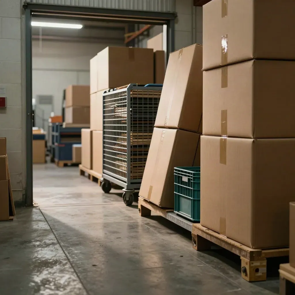 Dramatic retail stockroom with stacked cartons, a wheeled cage, and a scuffed loading mat.