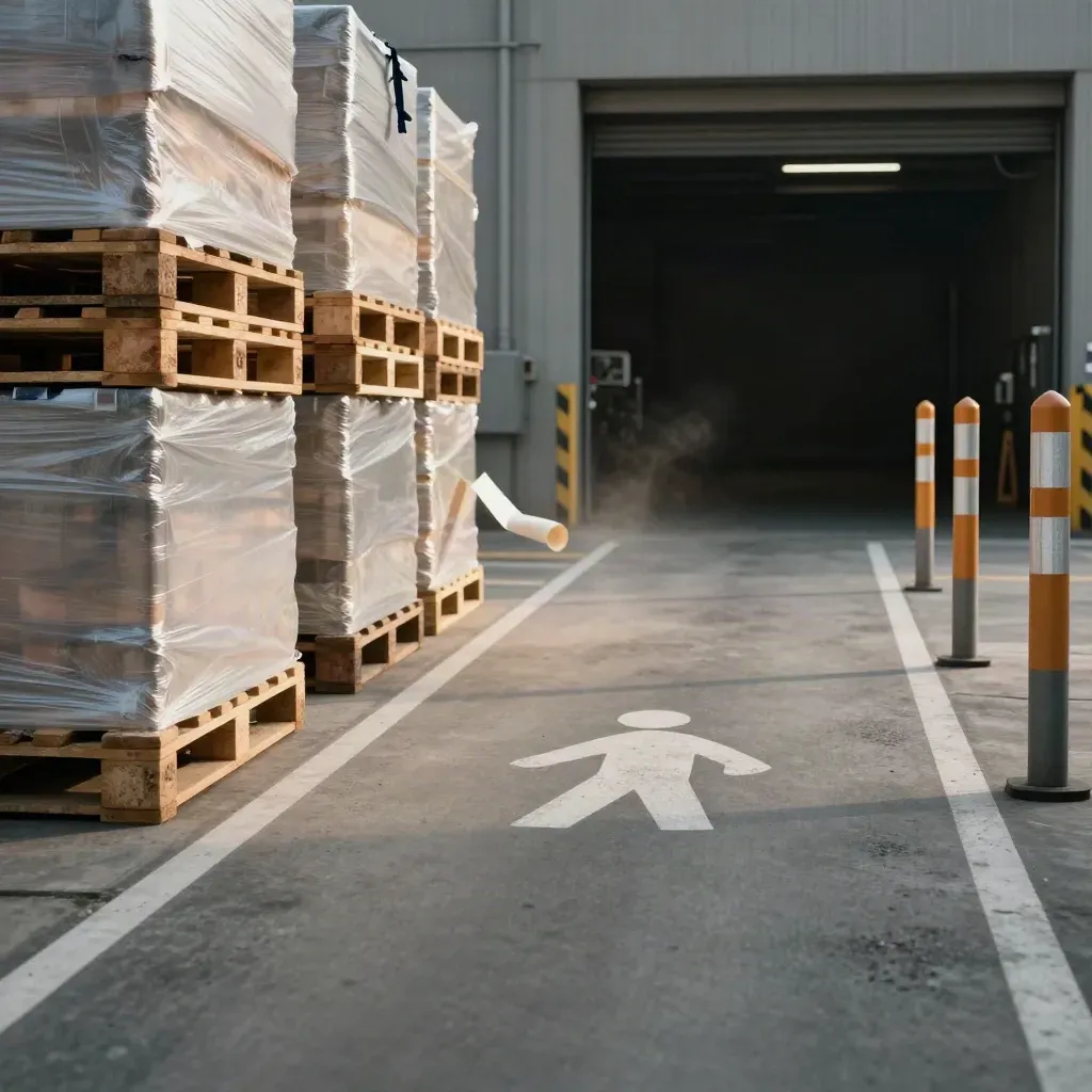 Loading bay sweep with pallets, dock lip, lane markings, dust and a fluttering wrap tail.