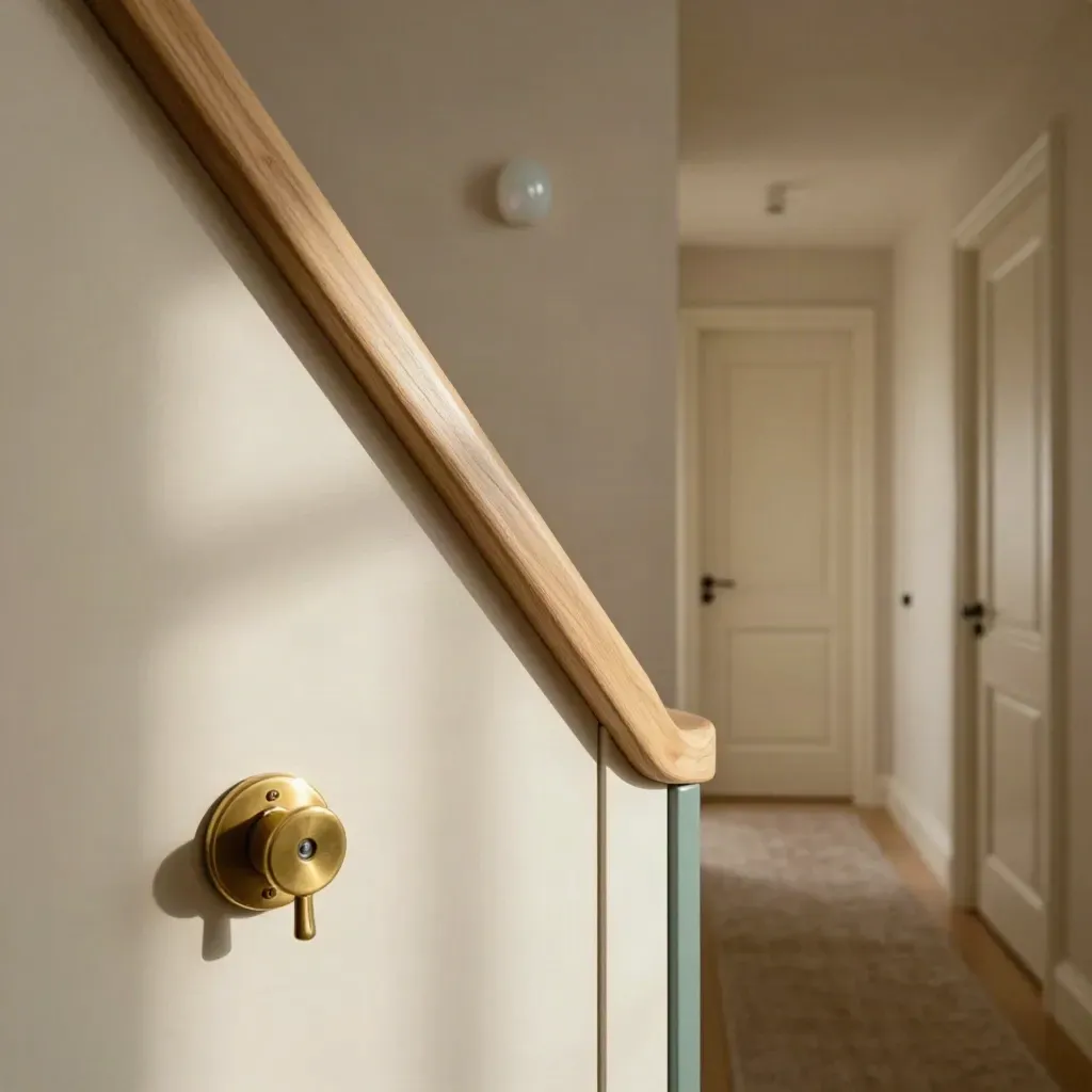 Warm apartment hallway bend with stair turn, meter cupboard, wall lights, and tidy doors.