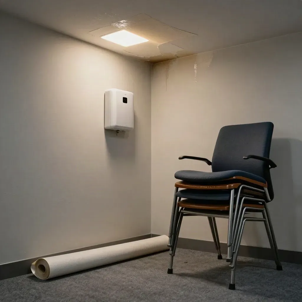 Vacant office corner with ceiling stain, dehumidifier, sheeting, and stacked chairs