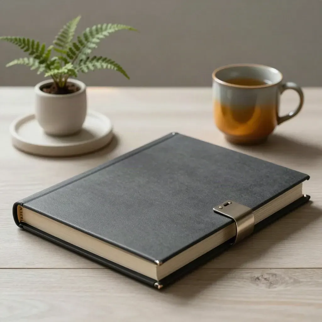 Charcoal report binder, stone paperweight, cup and fern on pale wood