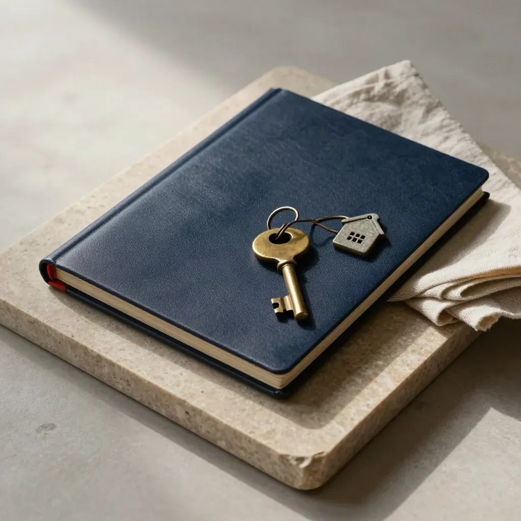 Closed policy folder, brass keys, house token and linen cloth on a stone tray.