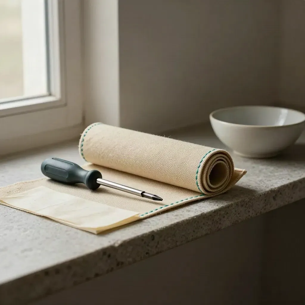 Tool roll, screwdrivers, maintenance pad and ceramic bowl on a stone shelf in soft daylight.