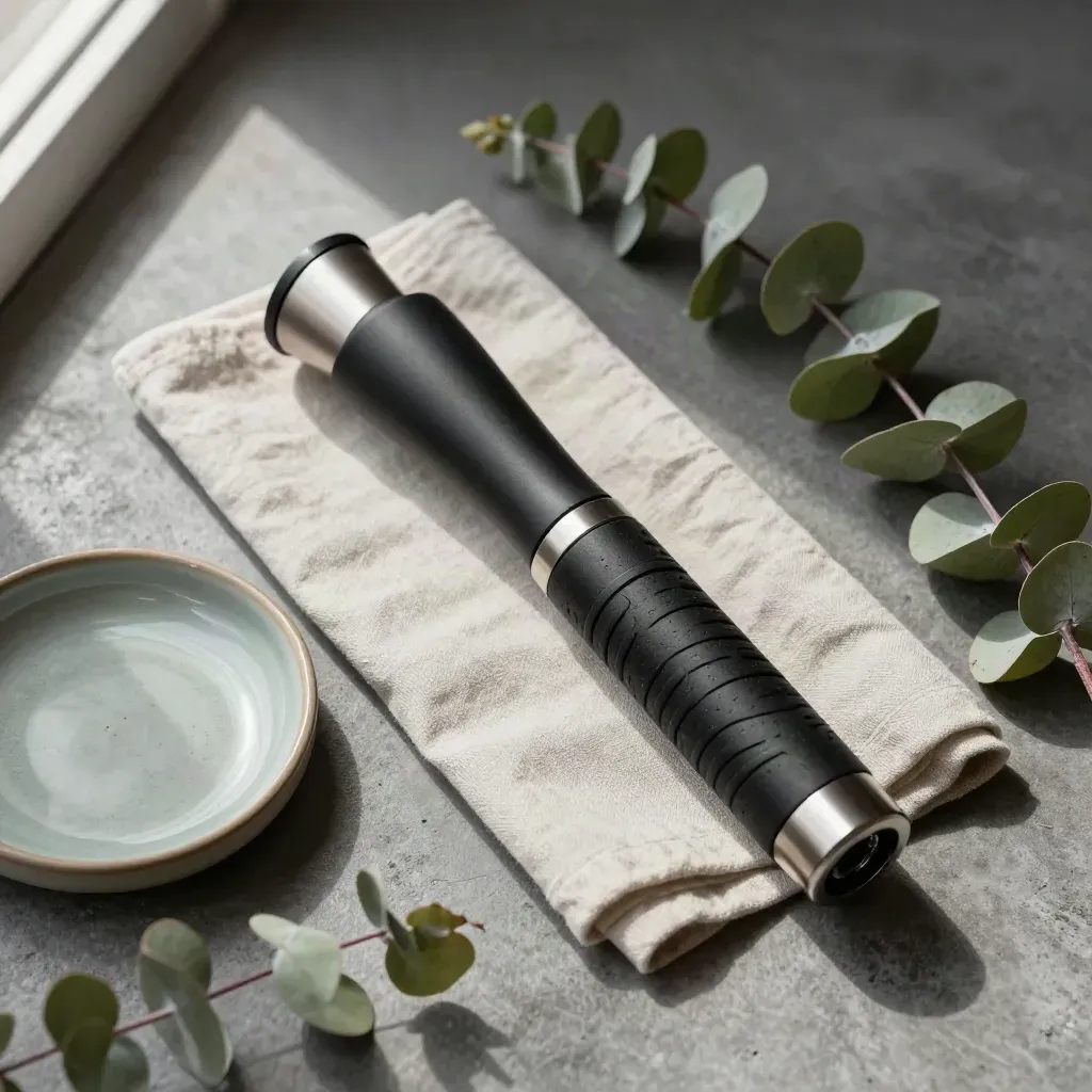 Overhead inspection torch with cloth, dish, and eucalyptus on concrete