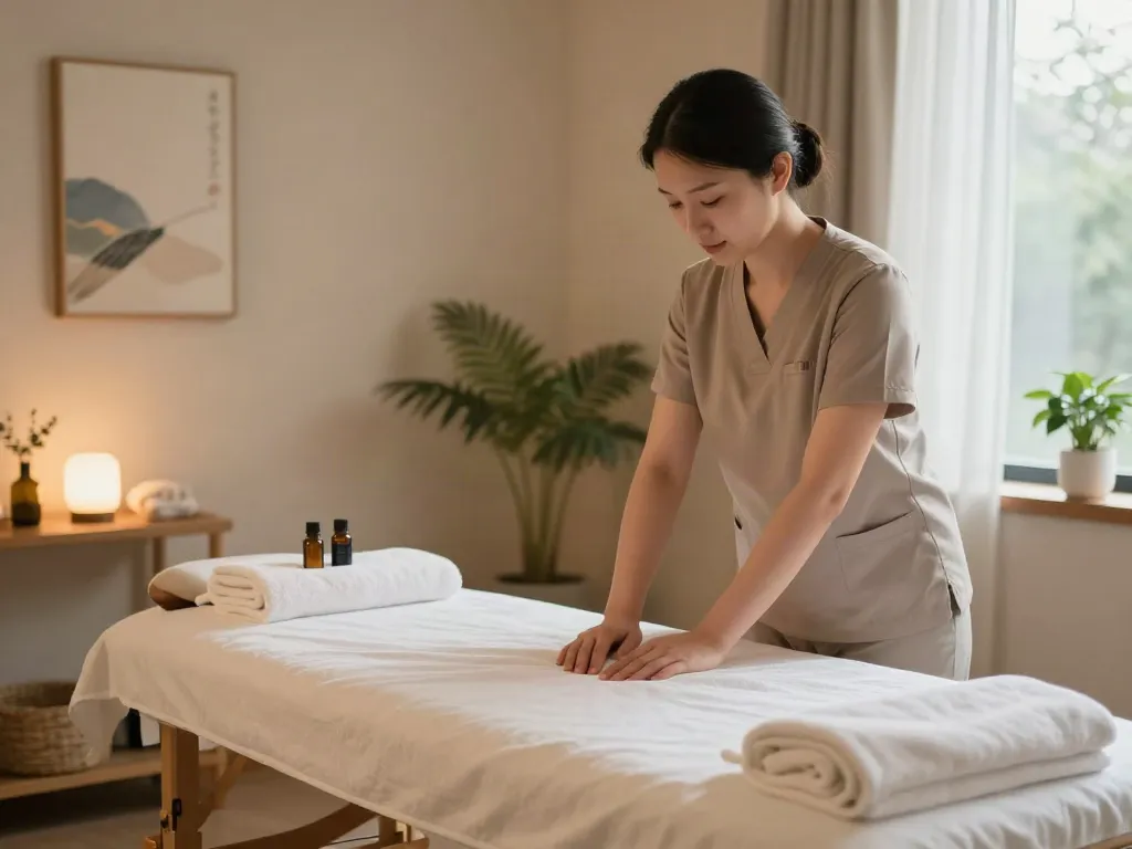 Experience 구월동출장마사지 in a tranquil therapy room with essential oils and calming decor.